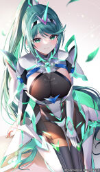  1girl armor black_leotard black_pantyhose breasts chest_jewel commentary_request commission crotch_plate earrings forehead_jewel glowing green_eyes green_hair high_ponytail highres jewelry large_breasts leotard long_hair looking_at_viewer pantyhose pneuma_(xenoblade) see-through see-through_leotard sideboob skin_tight smile solo star_(symbol) star_earrings tiara white_armor white_background xenoblade_chronicles_(series) xenoblade_chronicles_2 yuntae 