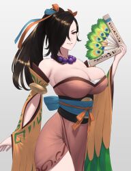  1girl bare_shoulders blush breasts brown_eyes brown_hair cleavage fire_emblem fire_emblem_fates fire_emblem_heroes hair_over_one_eye hand_fan hand_up highres jewelry kagero_(fire_emblem) kagero_(winds_offered)_(fire_emblem) large_breasts long_hair looking_at_viewer necklace nintendo official_alternate_costume pelvic_curtain ponytail shou_illust smile solo white_background  rating:Sensitive score:22 user:danbooru
