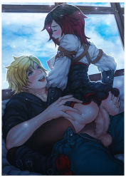  1boy 1girl ass ass_grab blonde_hair blue_eyes blush breasts censored clothed_sex clothing_aside covered_erect_nipples cowgirl_position erection happy_sex hetero highres jaune_arc kuon_(kwonchanji) medium_breasts mosaic_censoring nipples open_mouth panties panties_aside penis purple_hair ruby_rose rwby sex straddling testicles underwear  rating:Explicit score:74 user:Perv-Ultra