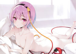 1girl absurdres ass back bed bedroom black_hairband blanket blue_hair blush closed_mouth collarbone completely_nude flat_chest hair_between_eyes hair_ornament hairband heart heart_hair_ornament highres indoors ke-ta komeiji_satori looking_at_viewer lying multicolored_hair nipples nude on_stomach pink_eyes pink_hair short_hair solo third_eye touhou two-tone_hair window 