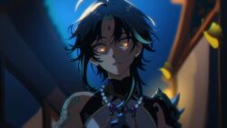  1boy ahoge aqua_hair armor bead_necklace beads black_hair black_shirt blurry blurry_background clenched_teeth collared_shirt colored_inner_hair constricted_pupils dark dilated_pupils facial_mark fangs forehead_mark genshin_impact glowing glowing_eyes highres jewelry lantern looking_down male_focus mandarin_collar messy_hair moonlight multicolored_hair necklace night orange_eyes outdoors parted_hair parted_lips pauldrons portrait shiara_tourabu shirt short_hair shoulder_armor shoulder_tattoo single_pauldron sky sleeveless sleeveless_shirt solo spiked_pauldrons straight-on streaked_hair tattoo teeth toned toned_male two-tone_hair two-tone_shirt visible_ears white_shirt xiao_(genshin_impact) yellow_trim 