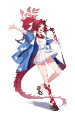  1girl absurdres azema black_horns blue_archive blush breasts dated dragon_tail full_body geta gun halo haori highres hip_vent horns japanese_clothes long_hair looking_at_viewer medium_breasts open_mouth pleated_skirt ponytail red_eyes red_hair red_halo red_sailor_collar red_tail renge_(blue_archive) sailor_collar sideboob signature simple_background single_horn skirt smile solo tail weapon white_background white_skirt 