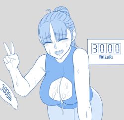  1girl :d after_paizuri ahoge bare_arms bare_shoulders blue_theme blush breasts cleavage_cutout clothing_cutout commentary cum cum_on_body cum_on_breasts cum_on_upper_body cumdrip ekz_(robotekz) facing_viewer grey_background hand_up highres large_breasts milestone_celebration monochrome open_mouth original pants parted_bangs penis ponytail shirt simple_background sleeveless sleeveless_shirt smile solo sweat thick_eyebrows v  rating:Explicit score:84 user:danbooru