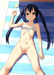  1girl beach bikini blue_hair blush bottomless brown_eyes cleft_of_venus day female_focus flat_chest highres k-on! loli long_hair looking_at_viewer lying nakano_azusa norizou_type-r outdoors pussy solo sunbathing swimsuit twintails uncensored 