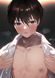  1boy absurdres black_hair blue_eyes blush deleted_pixiv_user domeza highres nipples open_clothes open_shirt pectorals shirt simple_background white_shirt  rating:Sensitive score:7 user:oxi-oxi