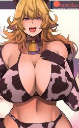 1girl animal_ears animal_print bell neck_bell bikini blonde_hair breasts cleavage collar cow_ears cow_girl cow_horns cow_print cowbell elbow_gloves gloves highres horns huge_breasts long_hair looking_at_viewer nachocobana navel open_mouth purple_eyes rwby smile solo swimsuit watermark yang_xiao_long rating:Questionable score:110 user:JustHere4Tits