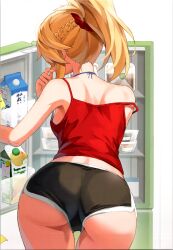 1girl absurdres ass ass_focus bare_shoulders blonde_hair braid dolphin_shorts fate/apocrypha fate/grand_order fate_(series) food from_behind hair_ornament hair_scrunchie hand_up highres juice_box long_hair mordred_(fate) mordred_(fate/apocrypha) off_shoulder ponytail refrigerator scan scrunchie short_shorts shorts simple_background solo thighs tonee white_background rating:Sensitive score:107 user:danbooru
