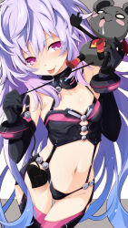  1girl 1other :p alternate_hair_color bare_shoulders bdsm black_gloves black_leotard blue_hair blush bondage_outfit boots breasts captured clothing_cutout cosplay cowboy_shot crossed_legs elbow_gloves gloves gradient_hair hair_between_eyes hands_up head_tilt highres hip_focus iris_heart iris_heart_(cosplay) iwashi_dorobou_-r- kami_jigen_game_neptune_v leotard long_hair looking_at_viewer messy_hair mouse multicolored_hair navel neptune_(series) o_o pink_eyes purple_eyes purple_hair pururut revealing_clothes saliva scared sleeveless small_breasts standing stomach stomach_cutout tail_pull thigh_boots thigh_gap tongue tongue_out torture very_long_hair warechu 