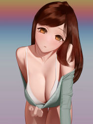  1girl absurdres all_fours bare_shoulders bra breasts brown_eyes brown_hair cleavage clothes_pull collarbone downblouse empty_eyes gradient_background green_shirt hanging_breasts hantata head_tilt highres large_breasts light_blush light_frown long_hair long_sleeves looking_at_viewer off-shoulder_shirt off_shoulder open_mouth original shirt shirt_pull solo swept_bangs tareme thigh_gap underwear white_bra  rating:Sensitive score:51 user:danbooru