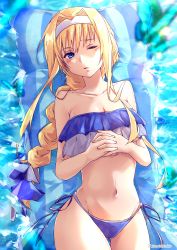  1girl :o alice_zuberg artist_name bare_arms bare_shoulders bikini blonde_hair blue_bikini blue_eyes braid breasts cleavage collarbone commentary_request cowboy_shot hair_intakes hairband highres large_breasts long_hair looking_at_viewer lying navel on_back one_eye_closed open_mouth own_hands_together shi-2 solo swimsuit sword_art_online water white_hairband 