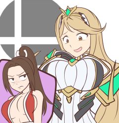  2girls bad_id bad_twitter_id bare_shoulders blonde_hair blush breasts brown_eyes brown_hair chest_jewel cleavage_cutout clothing_cutout crossover dress earrings elbow_gloves fatal_fury gloves hayato_stuff headpiece high_ponytail huge_breasts japanese_clothes jewelry kimono large_breasts long_hair multiple_girls mythra_(massive_melee)_(xenoblade) mythra_(xenoblade) nervous_smile ninja nintendo pantyhose pelvic_curtain ponytail revealing_clothes shiranui_mai sideboob sleeveless sleeveless_kimono smash_invitation smash_is_for_good_boys_and_girls smile snk super_smash_bros. swept_bangs the_king_of_fighters thigh_strap tiara very_long_hair white_dress white_gloves xenoblade_chronicles_(series) xenoblade_chronicles_2 yellow_eyes 