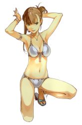 1girl absurdres adjusting_hair anklet armlet armpits arms_up bikini bracelet breasts brown_hair cleavage collarbone earrings feet female_focus front-tie_top full_body green_eyes green_nails hairband half_updo hidari_(left_side) high_heels highres jewelry lips long_hair looking_at_viewer lots_of_jewelry nail_polish navel necklace on_one_knee open_shoes original parted_lips sandals scan simple_background solo string_bikini swimsuit toenail_polish toenails toes tying_hair white_background white_bikini  rating:Sensitive score:47 user:danbooru