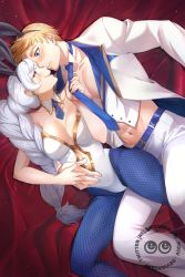  1boy 1girl animal_ears arthur_pendragon_(white_rose)_(fate)_cosplay artoria_pendragon_(all) artoria_pendragon_(fate) artoria_pendragon_(swimsuit_ruler)_(fate) artoria_pendragon_(swimsuit_ruler)_(fate)_(cosplay) blonde_hair blue_eyes blush breasts cosplay detached_collar earrings eye_contact fake_animal_ears fate_(series) formal highres holding_hands jaune_arc jewelry leg_between_thighs leotard looking_at_another navel playboy_bunny rabbit_ears rwby sikeseeing smile suit weiss_schnee white_hair white_suit  rating:Sensitive score:40 user:DevilSlayerGray