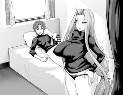  1boy 1girl absurdres ankoman ass bar_censor bed bedroom breasts censored clothes condom condom_on_penis erection fate/grand_order fate_(series) grabbing highres large_breasts large_penis long_hair lying matou_shinji medusa_(fate) monochrome on_bed open_clothes open_mouth panties penis short_hair testicles underwear used_condom used_condom_on_penis veins veiny_penis 