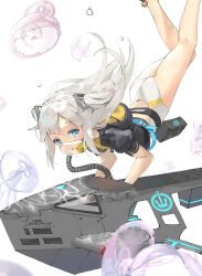  1girl absurdres air_bubble anklet ass bare_legs barefoot black_jacket blue_eyes bubble diving_mask fanny_pack flippers freediving goggles grey_hair highres hood hood_down hooded_jacket jacket jellyfish jewelry legs long_hair looking_at_viewer one-piece_swimsuit original short_sleeves simple_background solo swimming swimsuit underwater weapon white_background wittmann_(ehvr8373) 