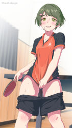  1girl absurdres black_shorts blush clothes_pull green_eyes green_hair highres holding holding_paddle kanikatsuya looking_at_viewer orange_shirt original paddle shirt short_hair short_sleeves shorts shorts_pull solo standing sweat table_tennis table_tennis_paddle teeth two-tone_shirt zipper 