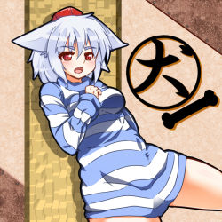  1girl against_wall animal_ears bone breasts ears_down fang goma_azarasi hand_on_own_chest hat inubashiri_momiji long_sleeves naked_sweater open_mouth red_eyes silver_hair solo striped_clothes striped_sweater sweater thighs tokin_hat touhou wolf_ears 