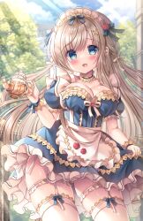 1girl :d apron blue_bow blue_dress blue_eyes blue_sky blush bow braid breasts brown_hair cleavage cloud cloudy_sky commentary_request day dress flower frilled_apron frills garter_straps hair_between_eyes hair_bow hair_flower hair_ornament hairclip highres holding holding_teapot kouta. large_breasts long_hair moe2023 open_mouth original outdoors puffy_short_sleeves puffy_sleeves red_flower red_rose rose short_sleeves sky smile solo teapot thighhighs very_long_hair white_apron white_thighhighs wrist_cuffs x_hair_ornament rating:Sensitive score:4 user:danbooru