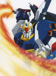  1980s_(style) 1990s_(style) artist_request battle beam_saber duel energy energy_beam gundam highres key_visual looking_at_viewer machinery mecha mobile_suit official_art oldschool promotional_art retro_artstyle robot scan science_fiction sparks traditional_media upper_body v-fin vernier_thrusters zeta_gundam zeta_gundam_(mobile_suit) 