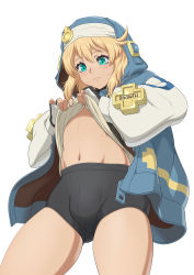  1boy absurdres artist_request blonde_hair blue_eyes blush bridget_(guilty_gear) bulge clothes_lift fingerless_gloves gloves guilty_gear guilty_gear_strive highres lifting_own_clothes male_focus medium_hair shirt_lift shorts simple_background solo trap white_background  rating:Questionable score:33 user:FabricioDias