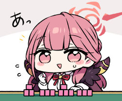  1girl aru_(blue_archive) blue_archive blunt_bangs blush_stickers breasts chan_co chibi commentary flying_sweatdrops fur_trim gloves halo holding holding_mahjong_tile large_breasts long_hair long_sleeves looking_at_viewer mahjong mahjong_tile neck_ribbon no_nose open_mouth pink_eyes pink_hair pink_halo red_ribbon ribbon shirt solo translated upper_body white_gloves white_shirt 