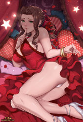  1girl aerith_gainsborough aerith_gainsborough_(red_dress) ass bed bracelet breasts brown_hair cameltoe cleavage clothes_lift dress dress_lift exlic female_focus final_fantasy final_fantasy_vii final_fantasy_vii_remake finger_to_mouth flower green_eyes hair_flower hair_ornament hair_ribbon high_heels highres jewelry looking_at_viewer lying nail_polish on_side panties pillow red_dress ribbon shushing side_slit solo square_enix strapless strapless_dress underwear wall_market  rating:Questionable score:78 user:danbooru