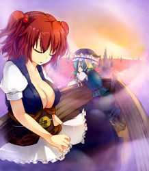  2girls blue_eyes boat breasts head_rest cleavage closed_eyes female_focus green_hair hair_bobbles hair_ornament hat highres kneeling large_breasts multiple_girls onozuka_komachi open_mouth red_hair shiki_eiki shin-a short_hair tachikoma_(shin-a) touhou twintails two_side_up watercraft  rating:Sensitive score:6 user:danbooru