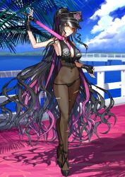  1girl baton_(weapon) beach black_hair bodystocking fate/grand_order fate_(series) fingerless_gloves gloves hat high_heels long_hair necktie official_art police_hat sessyoin_kiara solo standing swimsuit tagme wada_arco weapon  rating:Explicit score:5 user:DoctaShield