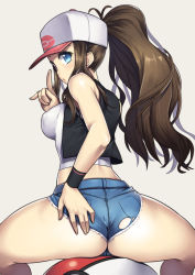 10s 1girl ass baseball_cap blue_eyes blush breasts brown_hair creatures_(company) crop_top cutoffs denim denim_shorts from_behind game_freak hand_on_own_ass hat hilda_(pokemon) large_breasts long_hair looking_back midriff nagase_haruhito nintendo poke_ball pokemon pokemon_bw ponytail short_shorts shorts solo squatting thick_thighs thighs torn_clothes torn_shorts rating:Questionable score:243 user:danbooru
