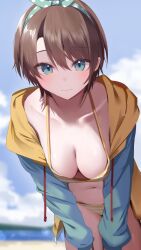 1girl absurdres aqua_hairband bikini blue_eyes blue_jacket blue_sky blurry blurry_background blush bow_hairband breasts brown_hair cleavage closed_mouth cloud cloudy_sky collarbone commentary_request hairband highres hololive hood hood_down hooded_jacket jacket leaning_forward looking_at_viewer medium_breasts mikaku navel official_alternate_costume oozora_subaru oozora_subaru_(hololive_summer_2019) open_clothes open_jacket parted_bangs polka_dot_hairband short_hair sky solo stomach striped_bikini striped_clothes swimsuit tomboy very_short_hair virtual_youtuber white_stripes yellow_bikini yellow_jacket rating:Sensitive score:33 user:danbooru