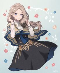  1girl ascot black_bow blonde_hair blue_background bow brown_capelet buttons capelet closed_mouth commentary_request fire_emblem fire_emblem:_three_houses floral_background floral_print garreg_mach_monastery_uniform hair_bow highres long_hair long_sleeves looking_at_viewer mercedes_von_martritz nintendo ponytail purple_eyes smile solo white_ascot yuurururun 