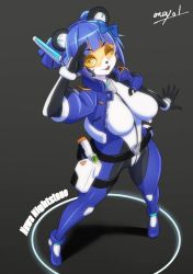  1girl animal_ears blue_bow blue_hair bodysuit bow character_name cropped_jacket female_focus furry furry_female gun hair_bow holster jacket looking_at_viewer mayoi89g one_eye_closed open_clothes open_jacket original panda_ears police police_uniform robot_ears salute signature solo uniform visor weapon 
