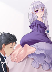  1boy ass assertive_female barefoot blush emilia_(re:zero) feet femdom foot_focus foot_tease happy highres leaning_forward licking_foot smile  rating:Questionable score:96 user:Dragan