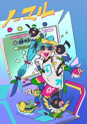  1girl ^_^ absurdres animal animal_on_shoulder arcade_cabinet bangle bird bird_on_shoulder blue-tinted_eyewear blue_background blue_gloves blue_hair blush bracelet chatot closed_eyes creatures_(company) dance_dance_revolution dance_pad dancing elbow_gloves fingerless_gloves full_body game_freak gen_4_pokemon gloves gradient_background green_pants hatsune_miku highres holding holding_poke_ball jewelry long_hair multicolored_clothes multicolored_footwear multicolored_gloves multicolored_pants nintendo normal_miku_(project_voltage) novelty_glasses outstretched_arm pants pink_pants poke_ball pokemon pokemon_(creature) popotocurry project_voltage shirt shoes smile sneakers solo sparkle sunglasses sweat tinted_eyewear twintails vocaloid white_shirt 