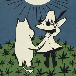  1boy coat facing_away grass hand_on_headwear hat hat_feather head_wreath holding_hands limited_palette long_sleeves male_focus moomin moomintroll nonana_(mikudrop) outdoors plant scarf short_hair snufkin sun 