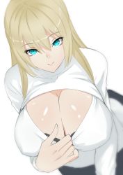 1girl aqua_eyes bent_over black_bra blonde_hair bra breasts cleavage clothes_pull damegane dutch_angle female_focus hair_between_eyes huge_breasts long_hair looking_at_viewer meme_attire open-chest_sweater original shirt_pull shirt_tug simple_background smile solo sweater underwear white_background rating:Sensitive score:106 user:danbooru