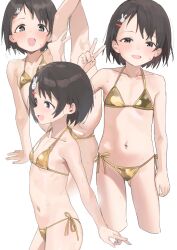  1girl :d arm_support bar_censor bikini bikini_bottom_aside black_eyes black_hair blush censored clothing_aside collarbone commentary_request cropped_legs djheycha flat_chest from_side gold_bikini hair_ornament hairclip hairpin half-closed_eyes hand_up highres idolmaster idolmaster_cinderella_girls idolmaster_cinderella_girls_u149 loli looking_at_viewer looking_to_the_side micro_bikini multiple_views navel open_mouth pussy rabbit_hair_ornament ribs sasaki_chie short_hair side-tie_bikini_bottom simple_background smile split standing standing_on_one_leg standing_split string_bikini sweat swimsuit v white_background 