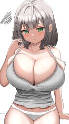  1girl absurdres arm_at_side bare_arms blush braid breast_conscious breasts bursting_breasts camisole cleavage closed_mouth cowboy cowboy_western eyelashes french_braid furrowed_brow green_eyes grey_camisole grey_hair hair_between_eyes hand_up highres hololive huge_breasts looking_away looking_down midriff_peek momiji_(user_hchf8543) navel no_bra no_pants panties pulling_own_clothes shirogane_noel short_hair skindentation solo strap_gap strap_pull sweatdrop underwear virtual_youtuber western white_background  rating:Sensitive score:66 user:danbooru