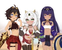  3girls aged_down alternate_costume alternate_hair_length alternate_hairstyle alternate_skin_color armpits black_hair black_thighhighs blue_eyes blunt_bangs candace_(genshin_impact) collarbone commentary_request cosplay dark-skinned_female dark_skin dehya_(genshin_impact) desert detached_sleeves egyptian_clothes english_text eremite_desert_clearwater_(genshin_impact) eremite_desert_clearwater_(genshin_impact)_(cosplay) genshin_impact gradient_background gradient_hair greatsword hair_between_eyes hair_tubes hand_on_own_hip headband heterochromia highres holding holding_shield holding_sword holding_weapon jewelry leaning_forward loli long_hair long_sleeves looking_at_viewer medium_hair mockingeu multicolored_hair multiple_girls nahida_(genshin_impact) navel neck_ring outdoors parted_lips pointing pointing_at_self pointy_ears purple_hair shield side_ponytail sidelocks smile stomach streaked_hair sweatdrop sword symbol-shaped_pupils thigh_strap thighhighs two-tone_hair weapon 