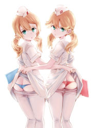  2girls absurdres alice_gear_aegis ass blonde_hair breasts butt_crack clothes_lift clothes_pull dress dress_lift embarrassed from_behind frown green_eyes hat highres kotomura_akane kotomura_amane long_hair looking_at_viewer looking_back low_twintails multiple_girls nurse nurse_cap owata pantyhose pantyhose_pull shiny_skin short_dress siblings sideboob sisters twins twintails  rating:Questionable score:45 user:armorcrystal