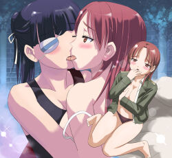  2girls black_hair black_panties blush breasts closed_eyes eyepatch grabbing_own_breast hosoinogarou kiss large_breasts long_hair looking_at_another military_uniform minna-dietlinde_wilcke multiple_girls navel no_bra panties ponytail red_eyes red_hair sakamoto_mio saliva strike_witches tongue tongue_out underwear uniform world_witches_series yuri 