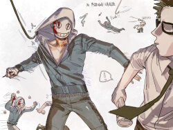  2boys arm_at_side arm_up bandaged_hand bandages blood_on_mask blue_jacket c2h4_(1849155751) collarbone dead_by_daylight dwight_fairfield flashlight glasses green_pants highres holding holding_flashlight holding_knife hood hoodie hoodie_pull hook jacket knife looking_back male_focus mask multiple_boys neck_tattoo pants pectorals running simple_background tattoo the_legion_(dead_by_daylight) upper_body white_hoodie 