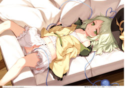 1girl absurdres black_hat bloomers couch crotch_cutout crotchless crotchless_bloomers flat_chest green_eyes green_hair hat heart heart_of_string highres ke-ta komeiji_koishi looking_at_viewer lying midriff navel no_pants non-web_source on_back open_clothes open_shirt parted_lips pillow pussy shirt short_hair solo sunlight touhou translation_request underwear unworn_hat unworn_headwear white_bloomers rating:Explicit score:69 user:danbooru
