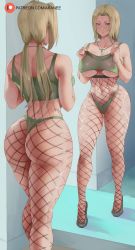1girl araneesama ass back bare_arms bare_shoulders blonde_hair blush bodysuit breasts cleavage collarbone crop_top facial_mark feet_out_of_frame female_focus fishnet_bodysuit fishnets forehead forehead_mark from_behind full_body green_panties highleg highleg_panties highres huge_ass jewelry large_breasts long_hair looking_at_viewer low_twintails mature_female mirror multiple_views naruto naruto_(series) naruto_shippuuden navel necklace panties parted_bangs patreon_logo patreon_username reflection standing thick_thighs thighs thong tsunade_(naruto) twintails underboob underwear watermark web_address wide_hips yellow_eyes rating:Questionable score:233 user:danbooru