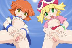 2girls amitie_(puyopuyo) animated animated_gif arle_nadja belt blonde_hair blush breasts censored clitoral_stimulation clitoris female_ejaculation female_focus fingering from_below hat loli looking_at_viewer looking_down masturbation multiple_girls navel nipples no_panties ponpondou pussy pussy_juice puyopuyo small_breasts spread_legs rating:Explicit score:156 user:Domestic_Importer