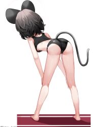  1girl absurdres alternate_costume animal_ears ass back backboob bare_arms bare_legs bare_shoulders barefoot bent_over black_buruma breasts buruma commentary dobostorte from_behind full_body grey_hair hands_on_own_knees highres kneepits medium_hair mouse_ears mouse_girl mouse_tail nazrin simple_background small_breasts solo sports_bra standing tail touhou twitter_username white_background  rating:Sensitive score:9 user:danbooru