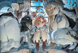  1other 5girls ahoge akane_(blue_archive) all_fours apron ass asuna_(blue_archive) black_dress black_hair black_halo blonde_hair blue_archive blue_eyes blue_halo blue_sky braid breasts brown_hair brown_halo bun_cover cleaning_&amp;_clearing_(blue_archive) cleavage closed_mouth cloud cloudy_sky dark-skinned_female dark_skin day dress gloves hair_between_eyes hair_bun halo hashtag-only_commentary highres huge_ahoge indoors karin_(blue_archive) large_breasts looking_at_viewer maid_apron maid_headdress mitsuki3s_kir mole mole_under_eye multiple_girls neru_(blue_archive) open_mouth orange_hair pantyhose puffy_short_sleeves puffy_sleeves purple_halo red_eyes shiny_skin short_sleeves single_braid single_hair_bun sky smile soles squatting thighhighs thighs toki_(blue_archive) white_gloves white_pantyhose white_thighhighs yellow_eyes 