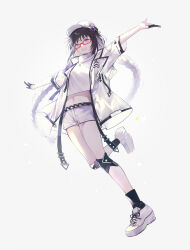 1girl akemi_homura alternate_costume ankle_socks bai_qi-qsr baseball_cap belt belt_buckle black_belt black_gloves black_hair black_socks bow braid buckle chinese_commentary commentary_request cropped_shirt cross-laced_footwear denim denim_shorts fashion full_body glasses gloves half_gloves hat hat_bow highres jacket jewelry knee_pads long_hair looking_at_viewer low_twin_braids mahou_shoujo_madoka_magica mahou_shoujo_madoka_magica_(anime) midriff multiple_belts navel open_belt open_clothes open_jacket open_mouth outstretched_arms partially_fingerless_gloves pendant purple_belt purple_eyes red-framed_eyewear see-through see-through_sleeves shirt shoes short_shorts short_sleeves shorts simple_background smile sneakers socks solo teeth turtleneck turtleneck_shirt twin_braids upper_teeth_only very_long_hair white_background white_belt white_footwear white_hat white_jacket white_shirt white_shorts white_sleeves wide_sleeves 