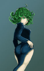 1girl :o ahoge ass bare_legs black_dress blush breasts colorized curly_hair dress from_behind green_eyes green_hair grey_background hand_on_own_hip impossible_clothes impossible_dress long_sleeves looking_at_viewer looking_back matching_hair/eyes no_panties one-punch_man revision short_hair side_slit skin_tight small_breasts solo sweatdrop tatsumaki the_golden_smurf wide_hips rating:Questionable score:66 user:danbooru