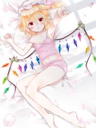 1girl arm_up armpits barefoot bed_sheet blonde_hair breasts cherry_blossoms collarbone flandre_scarlet from_above hair_between_eyes hat highres looking_at_viewer lying midriff mob_cap navel off_shoulder on_back open_mouth parted_lips pink_shorts pink_tank_top red_eyes short_hair short_shorts shorts side_ponytail small_breasts solo stomach tank_top touhou white_hat wings yurara_(aroma42enola) rating:Sensitive score:11 user:danbooru